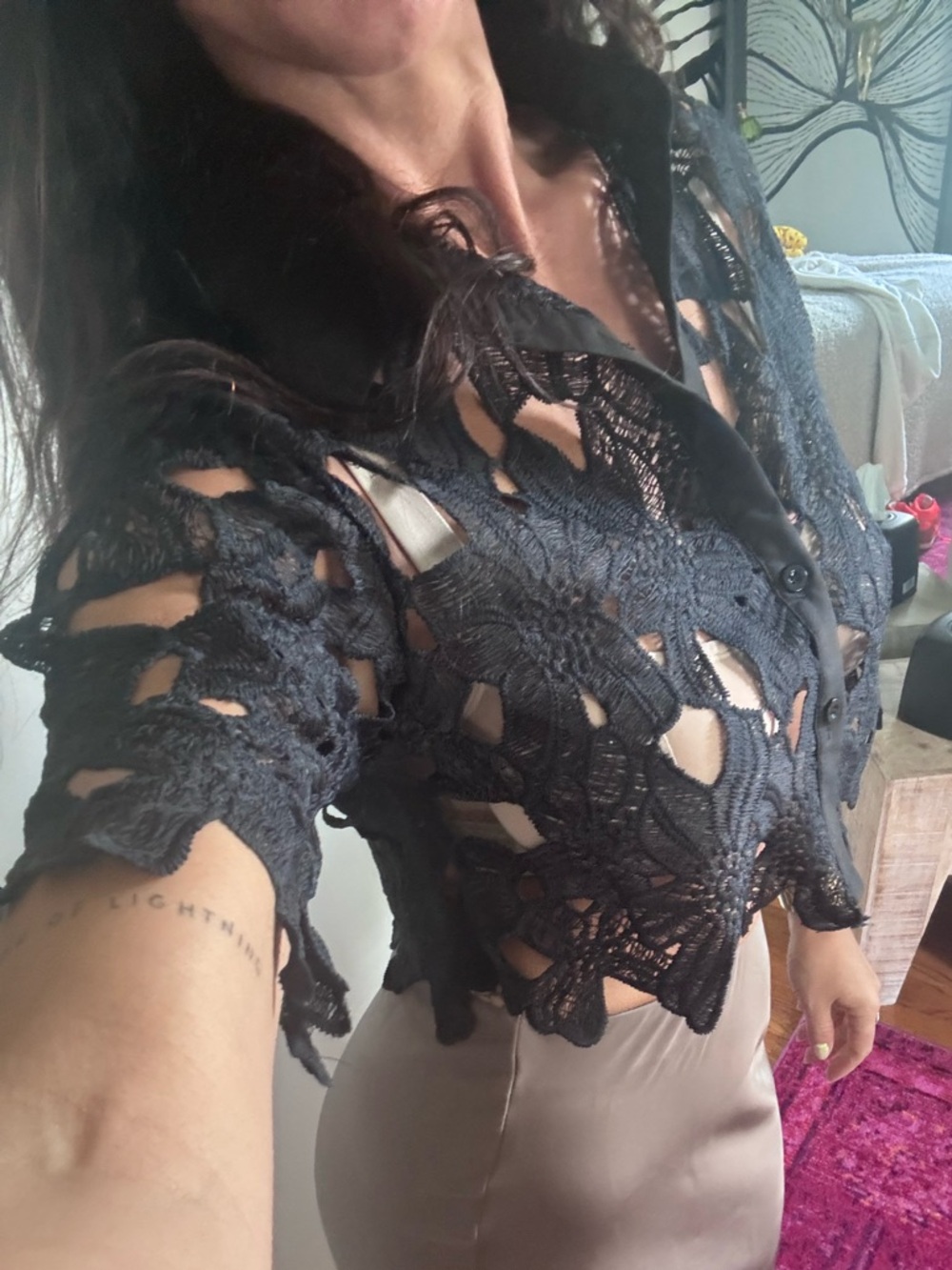 Sheer Black Floral Crochet Button-Up Top - Picture 1 of 2